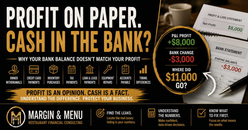 Restaurant profit versus cash infographic showing why a restaurant's bank balance may not match its reported profit