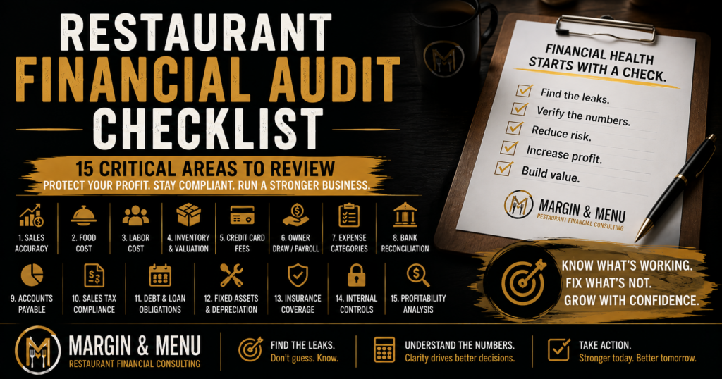Restaurant financial audit checklist showing 15 critical areas restaurant owners should review to protect profit and improve financial health