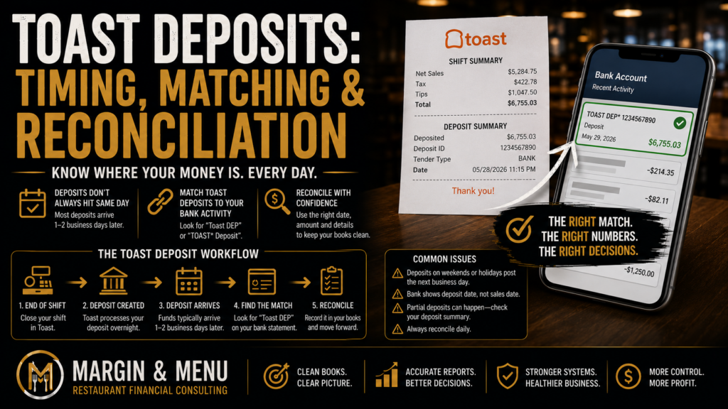 Toast deposits infographic explaining restaurant deposit timing, bank matching and reconciliation