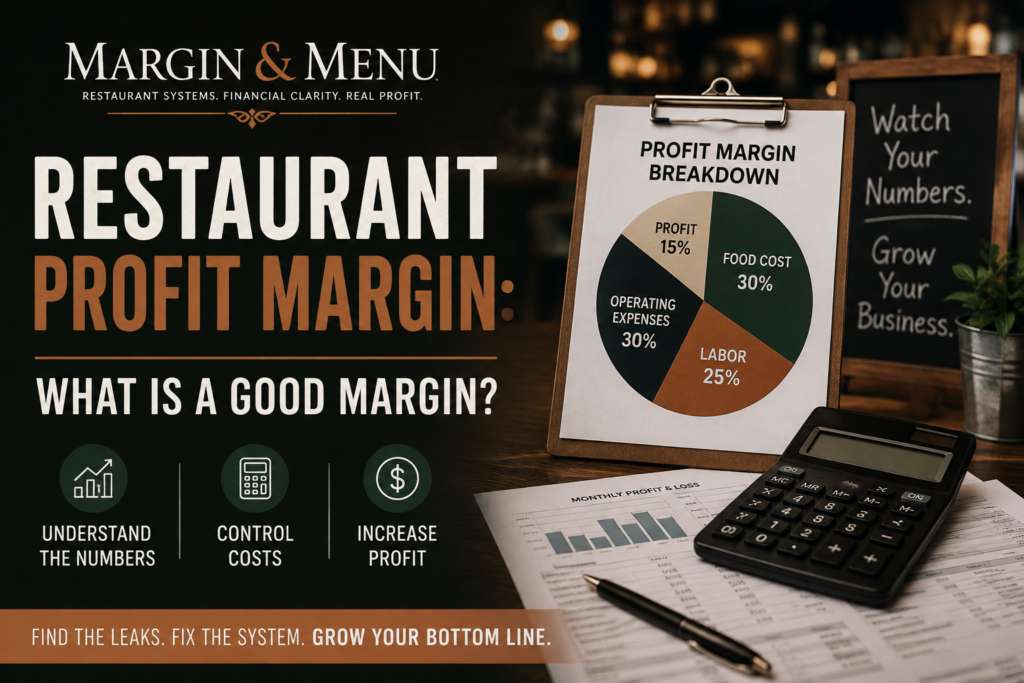 Restaurant profit margin breakdown showing food cost, labor, operating expenses, and profit, with Margin & Menu restaurant financial consulting branding.