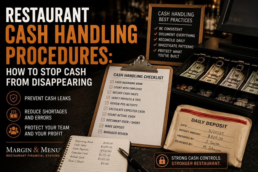 Restaurant cash handling procedures checklist for controlling cash, deposits, and drawer shortages