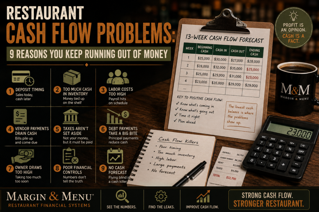 Restaurant cash flow problems showing cash inflows, expenses, inventory, payroll, taxes, debt, and available cash