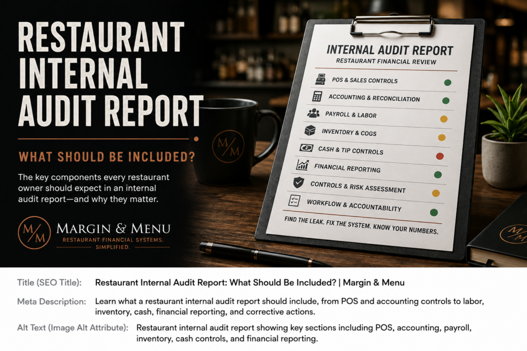 Restaurant internal audit report showing key sections including POS, accounting, payroll, inventory, cash controls, and financial reporting.