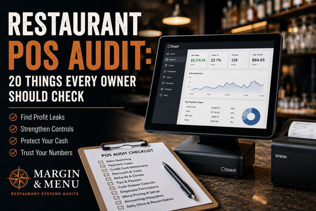 Restaurant POS audit checklist showing 20 things restaurant owners should check