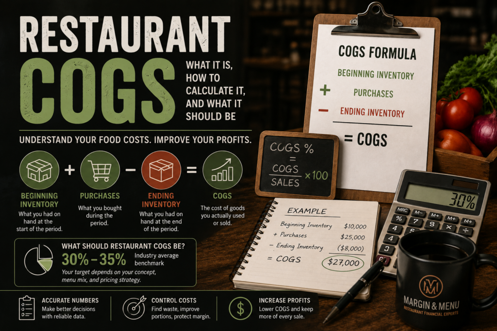 Restaurant COGS calculation showing food costs, inventory, and sales