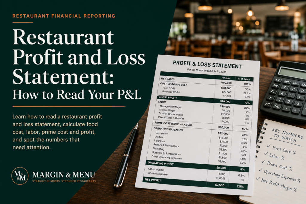 Restaurant profit and loss statement showing sales, COGS, labor, prime cost, operating expenses and net profit