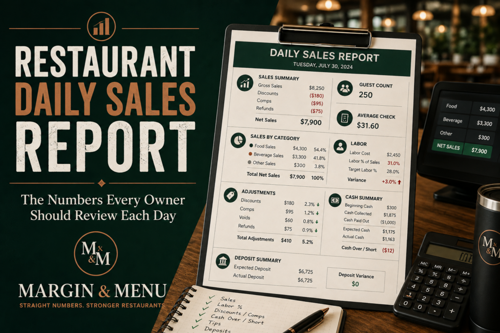 Restaurant daily sales report showing sales, labor, discounts, cash and deposit metrics