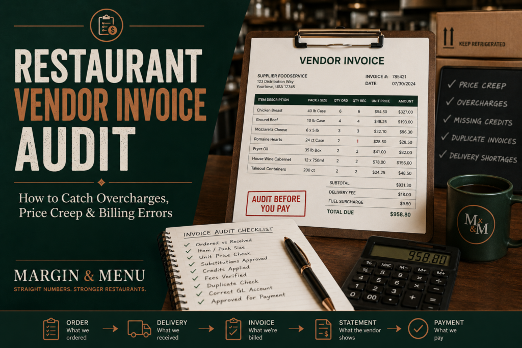Restaurant vendor invoice audit showing overcharges, price creep, missing credits and billing errors