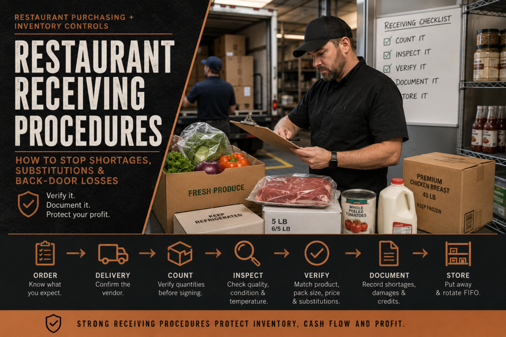 Restaurant receiving procedures for checking deliveries, inventory shortages, substitutions and back-door losses