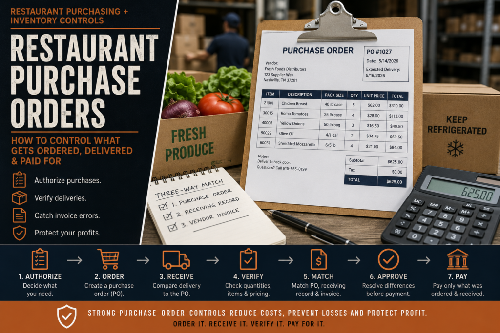Restaurant purchase orders showing how to authorize purchases, verify deliveries and match vendor invoices before payment