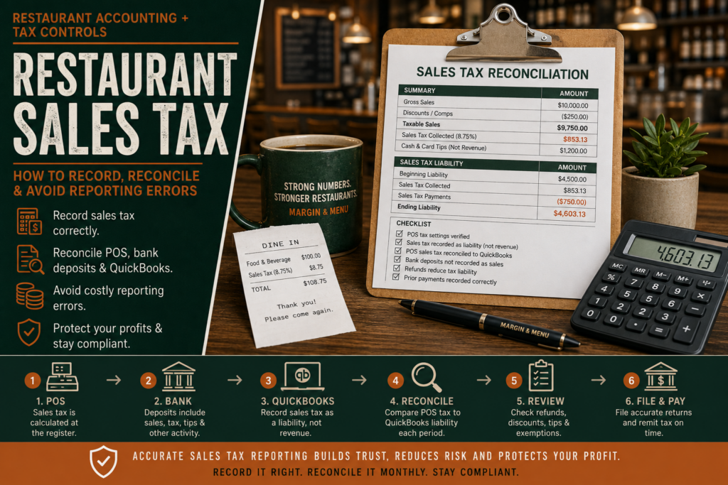 Restaurant sales tax reconciliation showing POS sales, QuickBooks liability, bank deposits and sales tax reporting