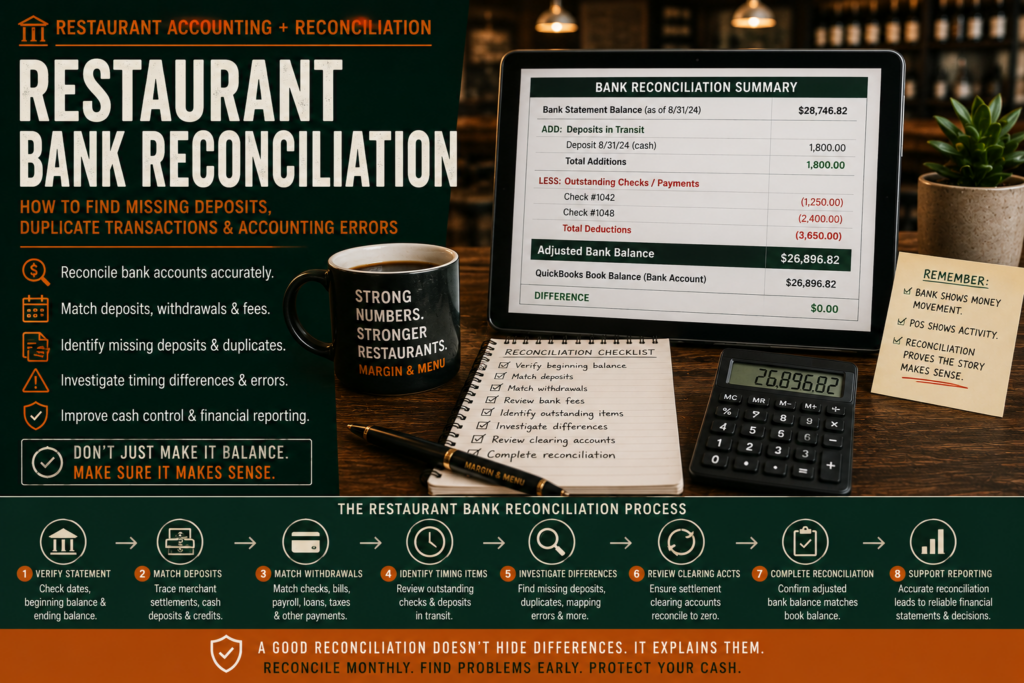 Restaurant bank reconciliation showing bank statement balance, deposits in transit, outstanding checks and QuickBooks balance