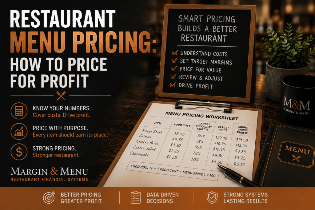 Restaurant menu pricing guide showing food cost, target margins, and how to price menu items for profit