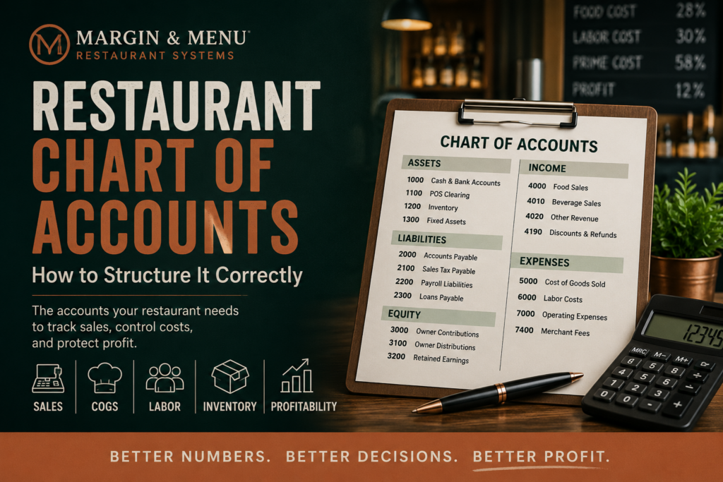 Restaurant chart of accounts showing sales, COGS, labor, inventory and profitability accounts