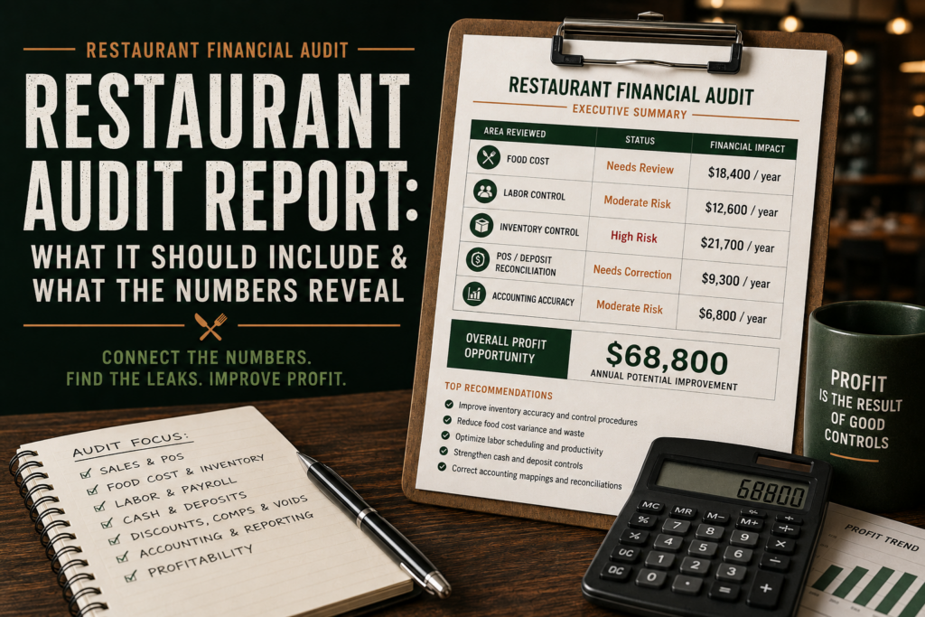 Restaurant audit report showing food cost, labor, inventory, deposits and profit opportunities