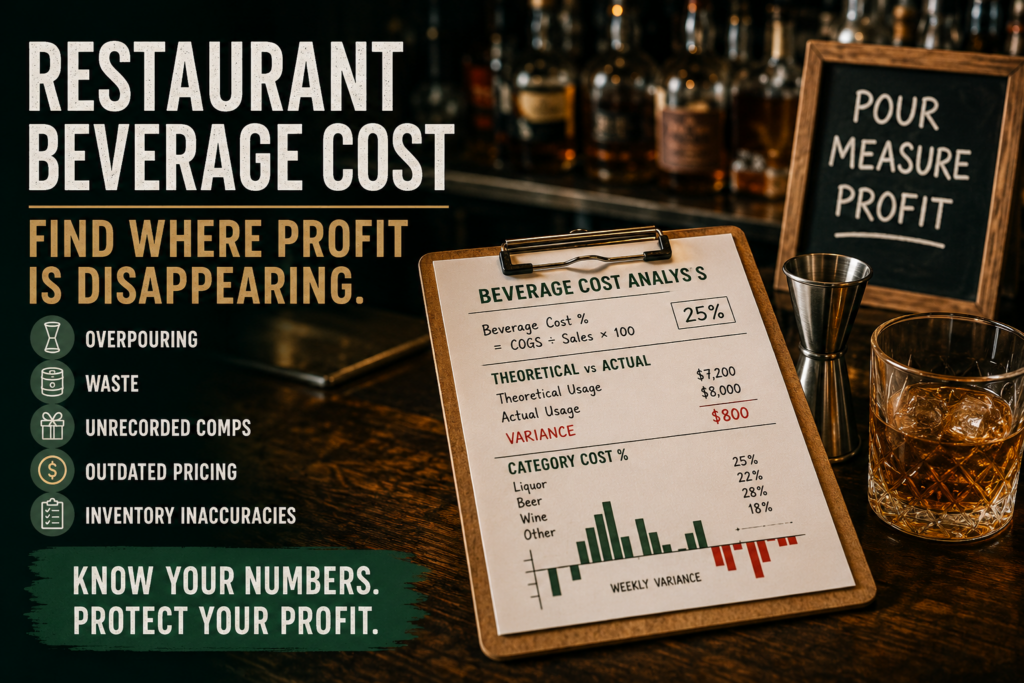 Restaurant beverage cost analysis showing liquor, beer and wine cost variance and profit leaks