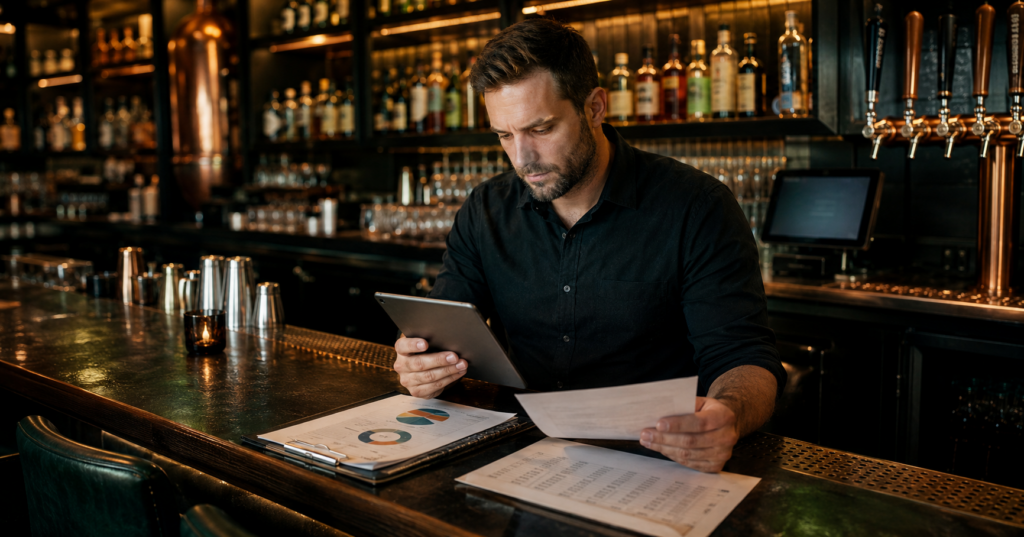 Bar owner reviewing accounting reports, beverage inventory and POS information